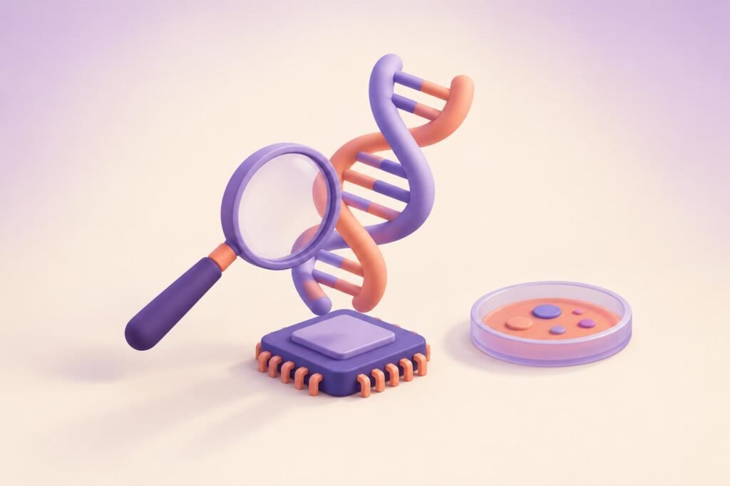 DNA sarmalı, mikroçip, büyüteç ve petri kabından oluşan mat üç boyutlu sahne