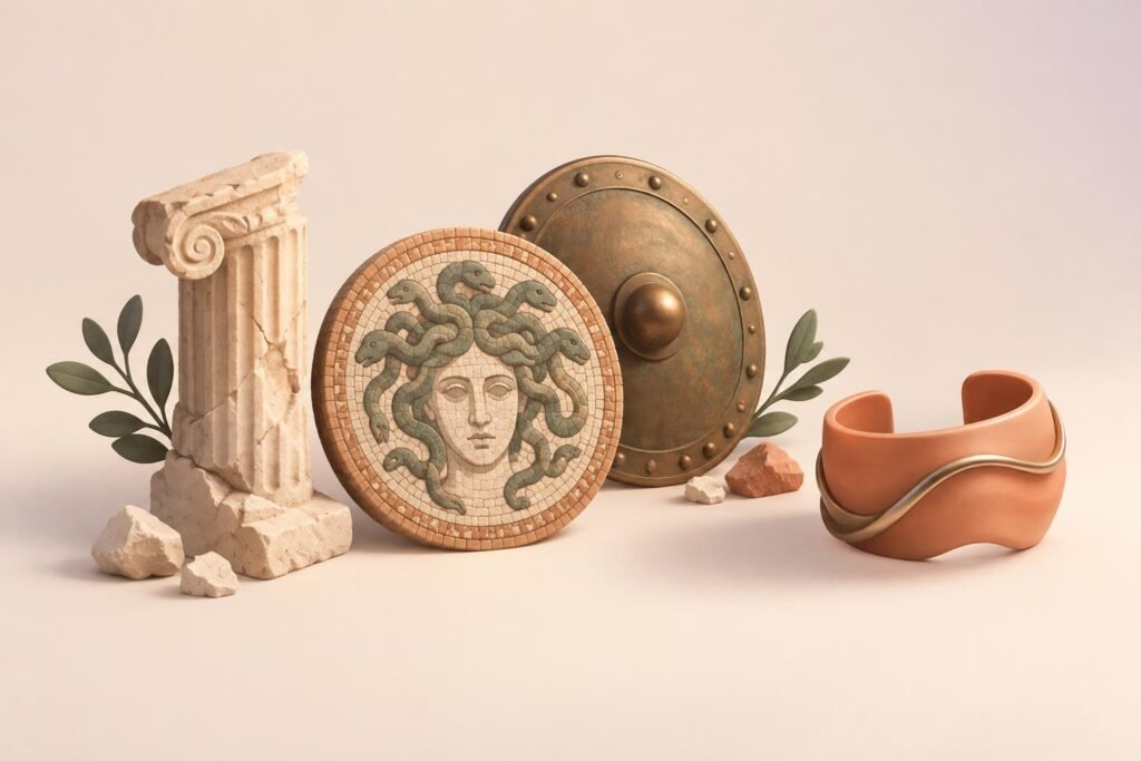 Antik Medusa mozaiği, taş sütun, bronz kalkan ve modern bileklik