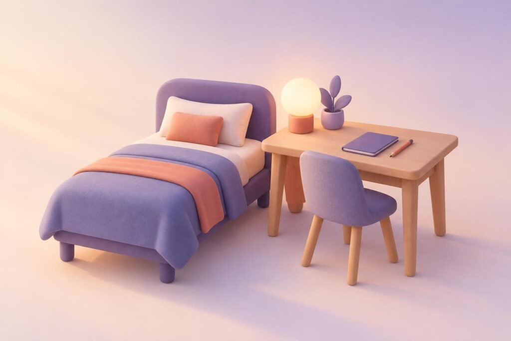 Yatak ve çalışma masasıyla uyku ile verimlilik ilişkisini anlatan üç boyutlu sahne