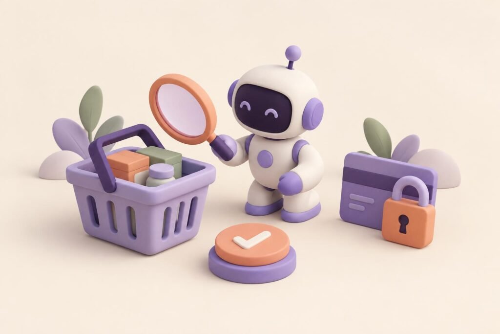 Alışveriş sepeti yanında robot, büyüteç, kilit, ödeme kartı ve onay düğmesi